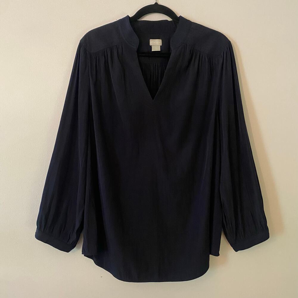Chico's Navy Blue Popover Long Sleeve Blouse Flowy Women's size 3 / 16 / 18
